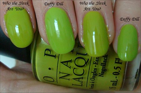 Nicole by OPI Daffy Dill & OPI Who the Shrek Are You Comparison Swatches