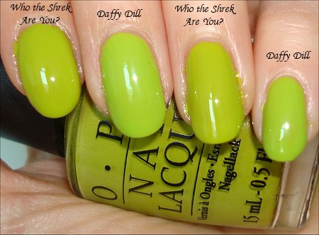 OPI Who the Shrek Are You  Nicole by OPI Daffy Dill Comparison Swatches