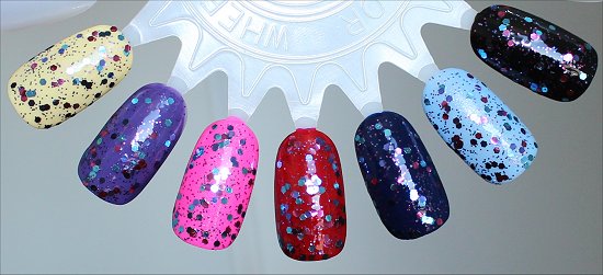 OPI Polka.com Swatches Layered Over Yellow, Purple, Pink, Red, Blue & Black